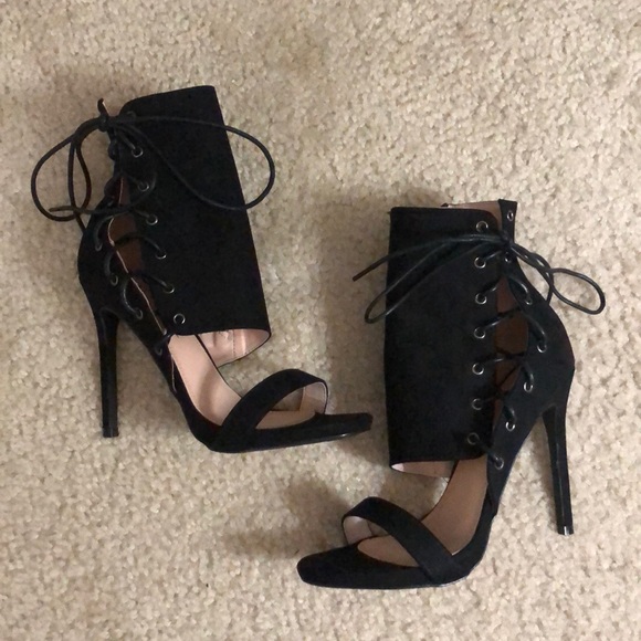 Black Suede Lace-Up Heels - Picture 1 of 4